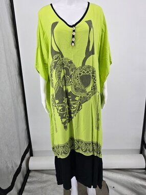 Vintage Y2K Shermarke Lime Green Rayon Tribal Kaftan Dress (One Size) *Flaws